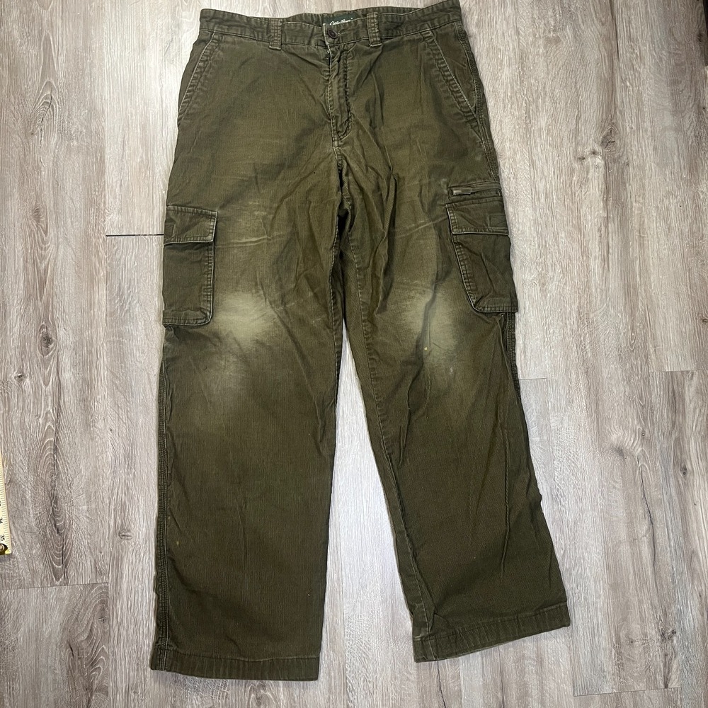 VTG Eddie Bauer Corduroy Cargo Pants Green Baggy 35x32 Faded Wide Leg